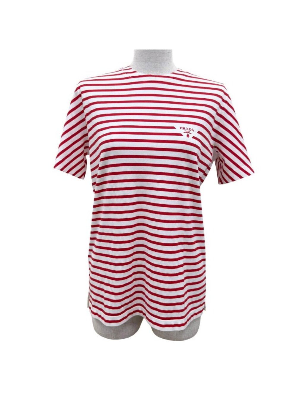 Prada Triangle Logo Border Crew Neck Short Sleeve T-Shirt Red White XS